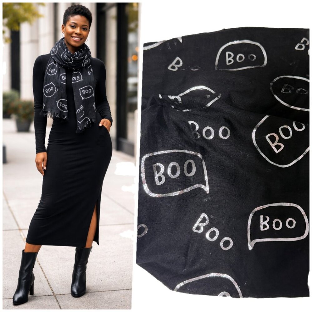 Nordstrom Halloween Boo Scarf Black Silver Lightweight NWT